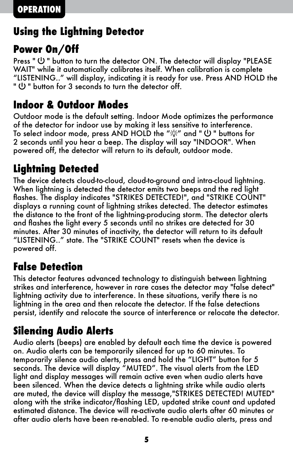 Using the lightning detector power on/off, Indoor & outdoor modes, Lightning detected | False detection, Silencing audio alerts | AcuRite 02020 Lightning Detector User Manual | Page 5 / 10