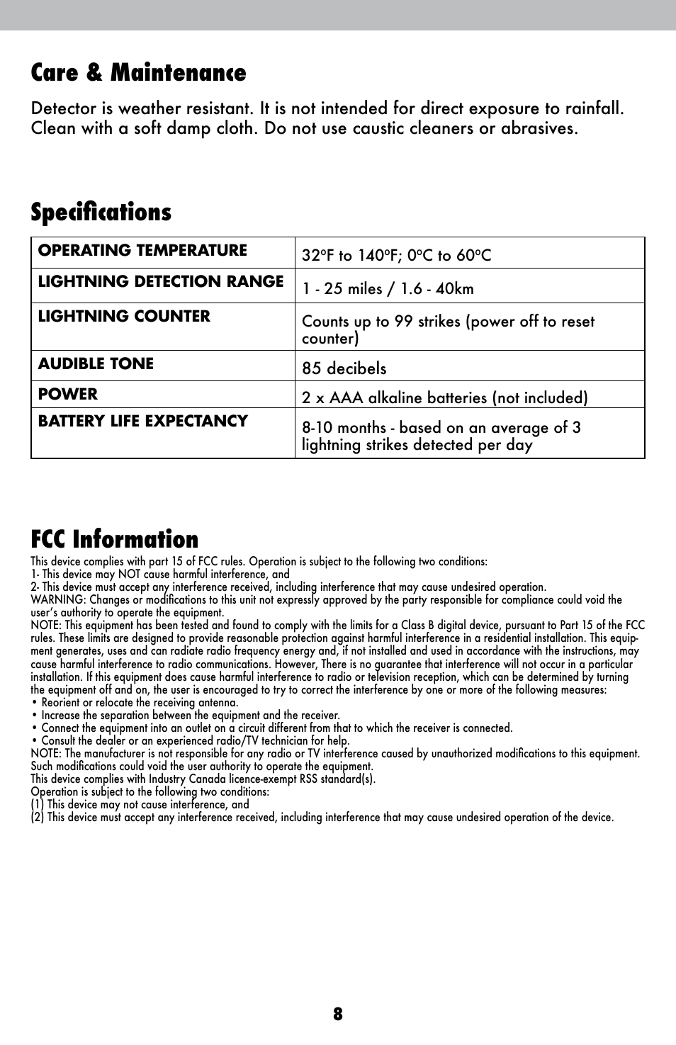 Fcc information, Specifications care & maintenance | AcuRite 02020 Lightning Detector User Manual | Page 8 / 10