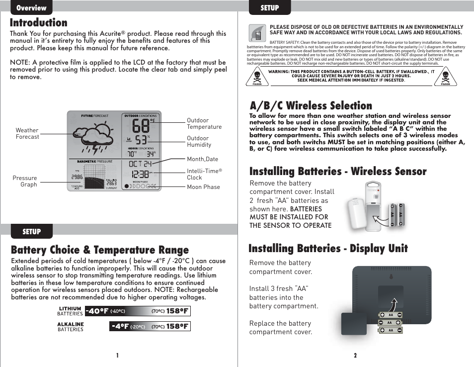 Introduction, Battery choice & temperature range, A/b/c wireless selection | AcuRite 13230 Weather Station User Manual | Page 2 / 6