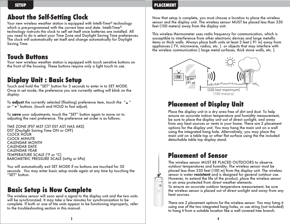 Display unit : basic setup, Placement of display unit, About the self-setting clock touch buttons | Basic setup is now complete, Placement of sensor | AcuRite 13230 Weather Station User Manual | Page 3 / 6