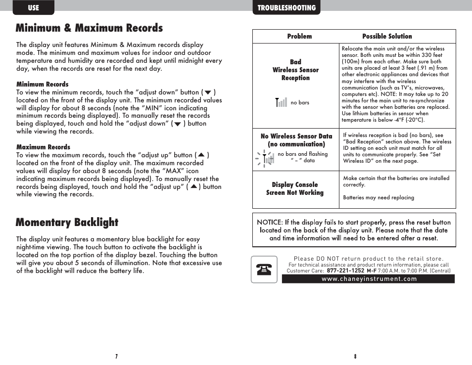 Minimum & maximum records, Momentary backlight | AcuRite 13230 Weather Station User Manual | Page 5 / 6