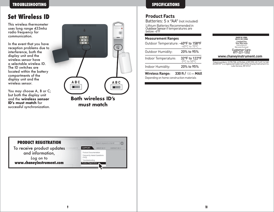 Set wireless id, Both wireless id’s must match, Product facts | AcuRite 13230 Weather Station User Manual | Page 6 / 6