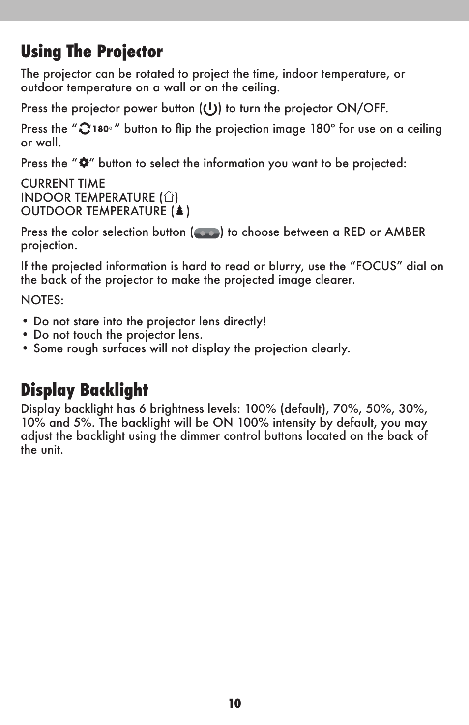 Using the projector, Display backlight | AcuRite 13020CCDI Alarm Clock User Manual | Page 10 / 15