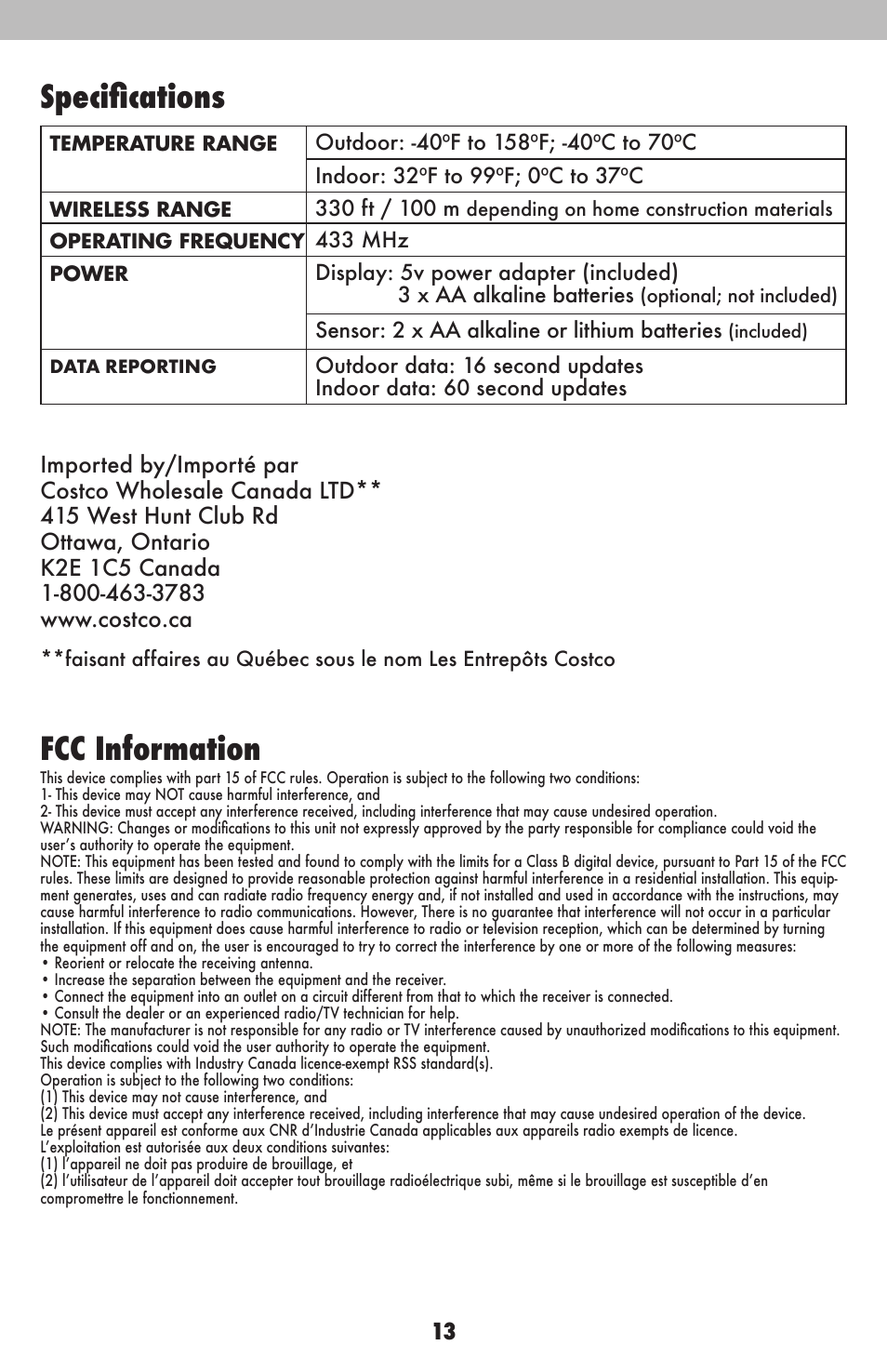 Specifications, Fcc information | AcuRite 13020CCDI Alarm Clock User Manual | Page 13 / 15