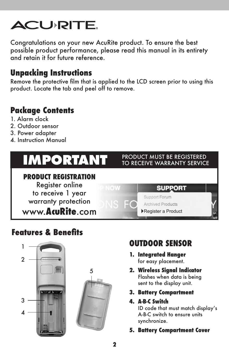 Important, Unpacking instructions, Package contents | Features & benefits, Outdoor sensor | AcuRite 13020CCDI Alarm Clock User Manual | Page 2 / 15