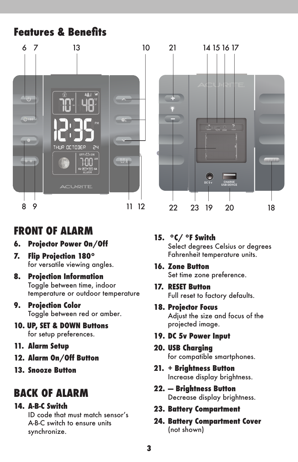 Features & benefits front of alarm, Back of alarm | AcuRite 13020CCDI Alarm Clock User Manual | Page 3 / 15