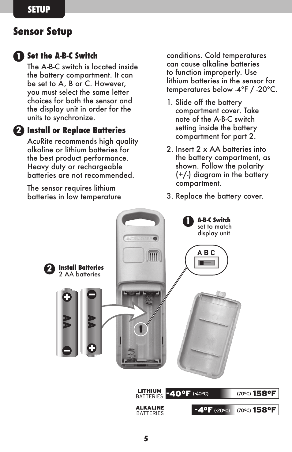Sensor setup, Setup | AcuRite 13020CCDI Alarm Clock User Manual | Page 5 / 15