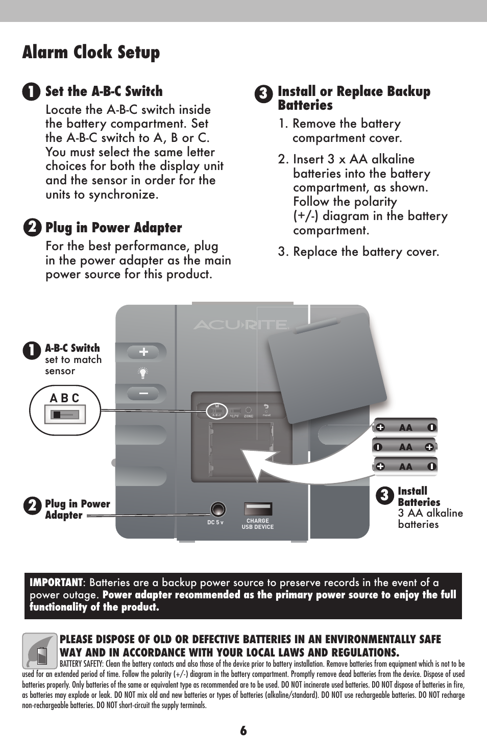 Alarm clock setup, Set the a-b-c switch, Plug in power adapter | Install or replace backup batteries | AcuRite 13020CCDI Alarm Clock User Manual | Page 6 / 15