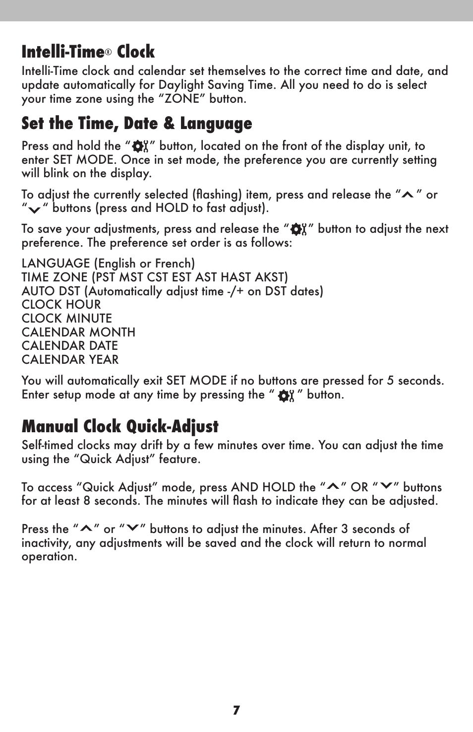 Intelli-time, Clock, Set the time, date & language | Manual clock quick-adjust | AcuRite 13020CCDI Alarm Clock User Manual | Page 7 / 15