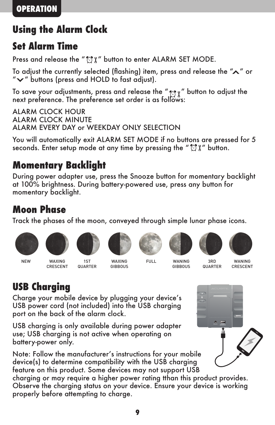 Using the alarm clock set alarm time, Momentary backlight, Moon phase | Usb charging, Operation | AcuRite 13020CCDI Alarm Clock User Manual | Page 9 / 15