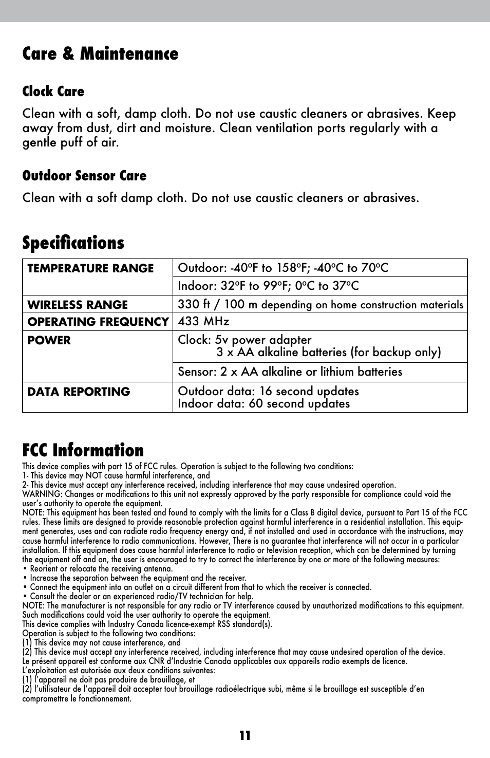 Care & maintenance, Specifications, Fcc information | Clock care, Outdoor sensor care | AcuRite 13022 Alarm Clock User Manual | Page 11 / 14