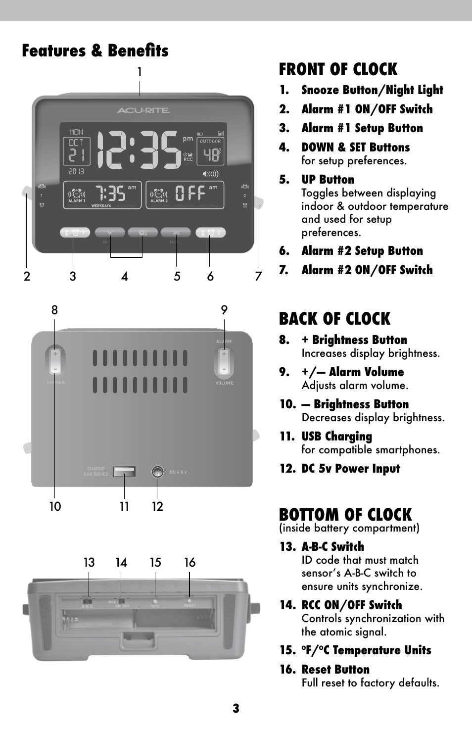 Features & benefits back of clock, Bottom of clock, Front of clock | AcuRite 13022 Alarm Clock User Manual | Page 3 / 14