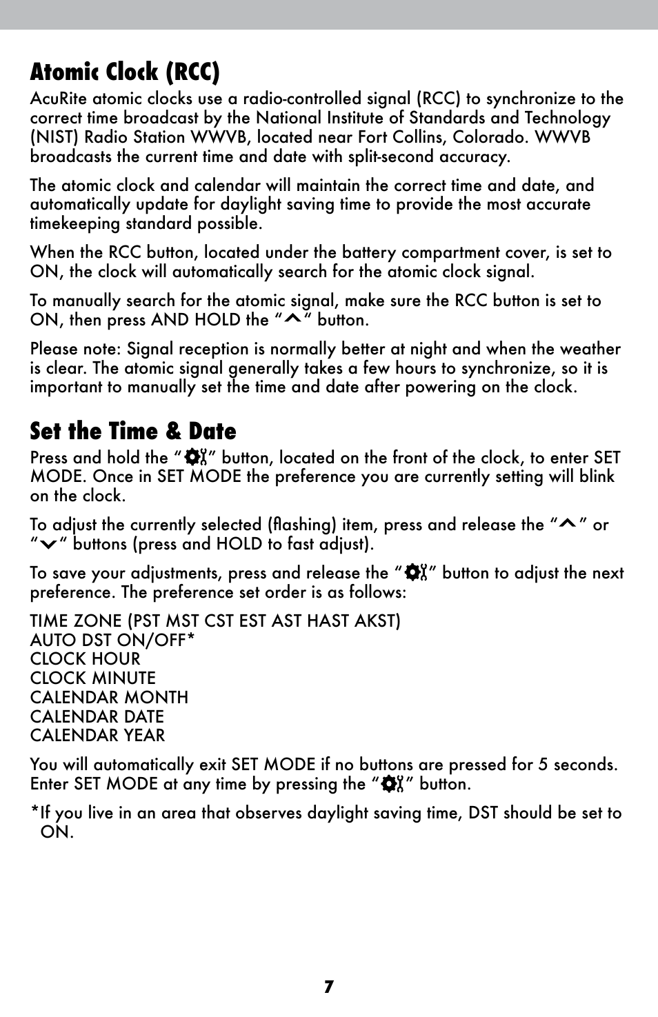 Atomic clock (rcc), Set the time & date | AcuRite 13022 Alarm Clock User Manual | Page 7 / 14