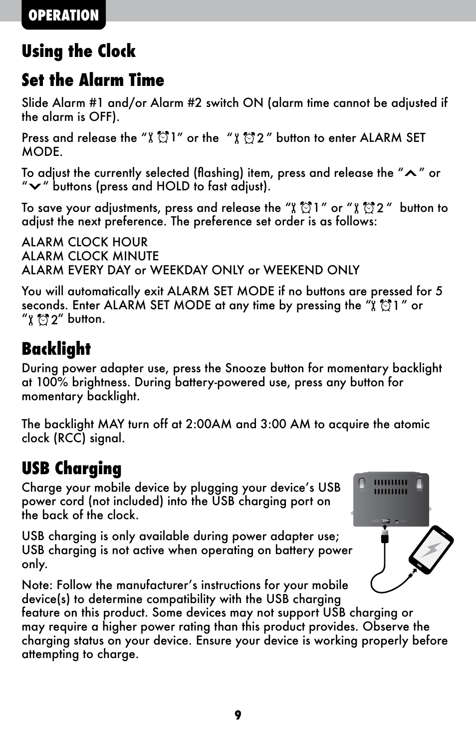 Using the clock set the alarm time, Backlight, Usb charging | Operation | AcuRite 13022 Alarm Clock User Manual | Page 9 / 14