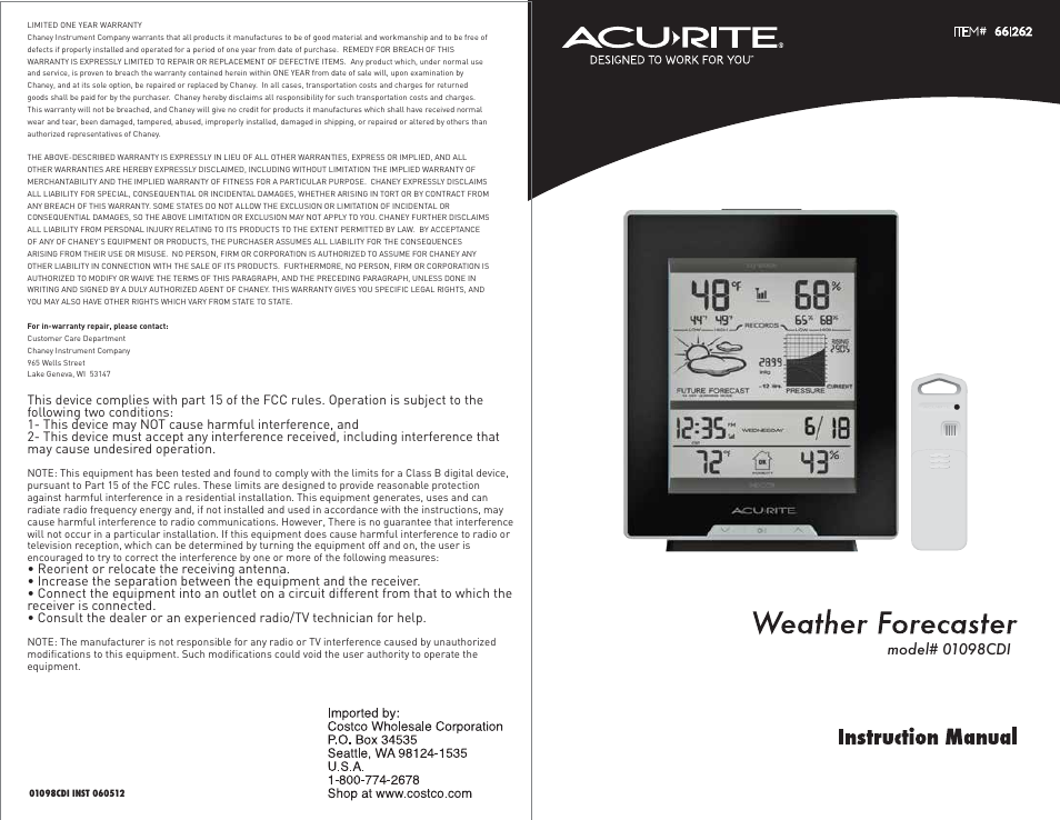 AcuRite 01098 Weather Station User Manual | 6 pages