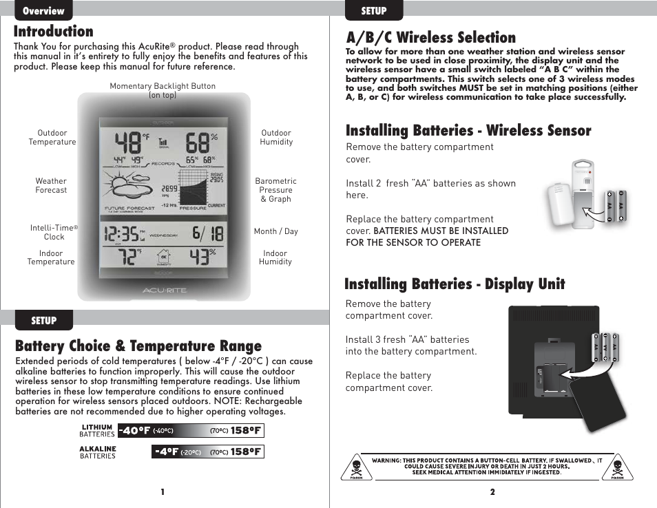 Introduction, Battery choice & temperature range, A/b/c wireless selection | AcuRite 01098 Weather Station User Manual | Page 2 / 6