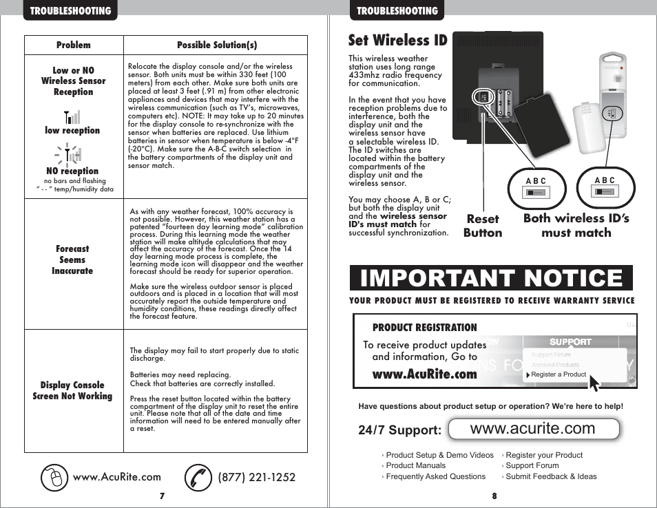 Important notice, Set wireless id, 24/7 support | Both wireless id’s must match, Reset button | AcuRite 01098 Weather Station User Manual | Page 5 / 6