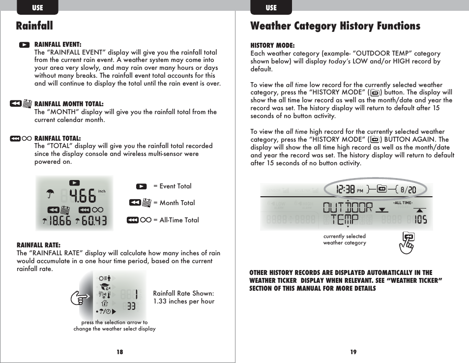 Rainfall weather category history functions | AcuRite 01035 Weather Station User Manual | Page 11 / 17