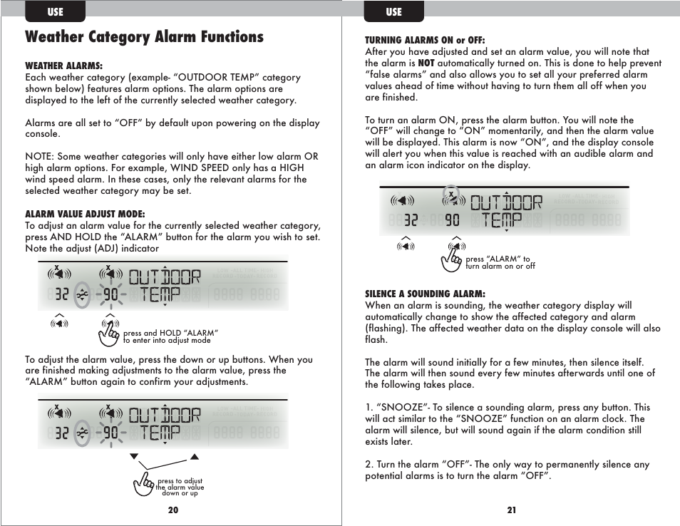 Weather category alarm functions | AcuRite 01035 Weather Station User Manual | Page 12 / 17