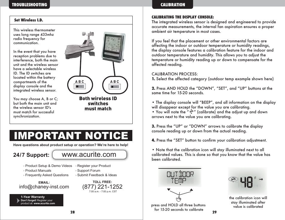 Important notice, 24/7 support | AcuRite 01035 Weather Station User Manual | Page 16 / 17