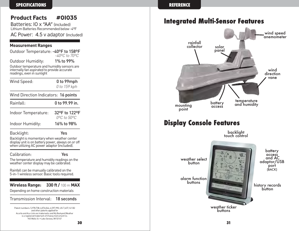 Product facts, Batteries: 10 x “aa, Ac power: 4.5 v adaptor | AcuRite 01035 Weather Station User Manual | Page 17 / 17