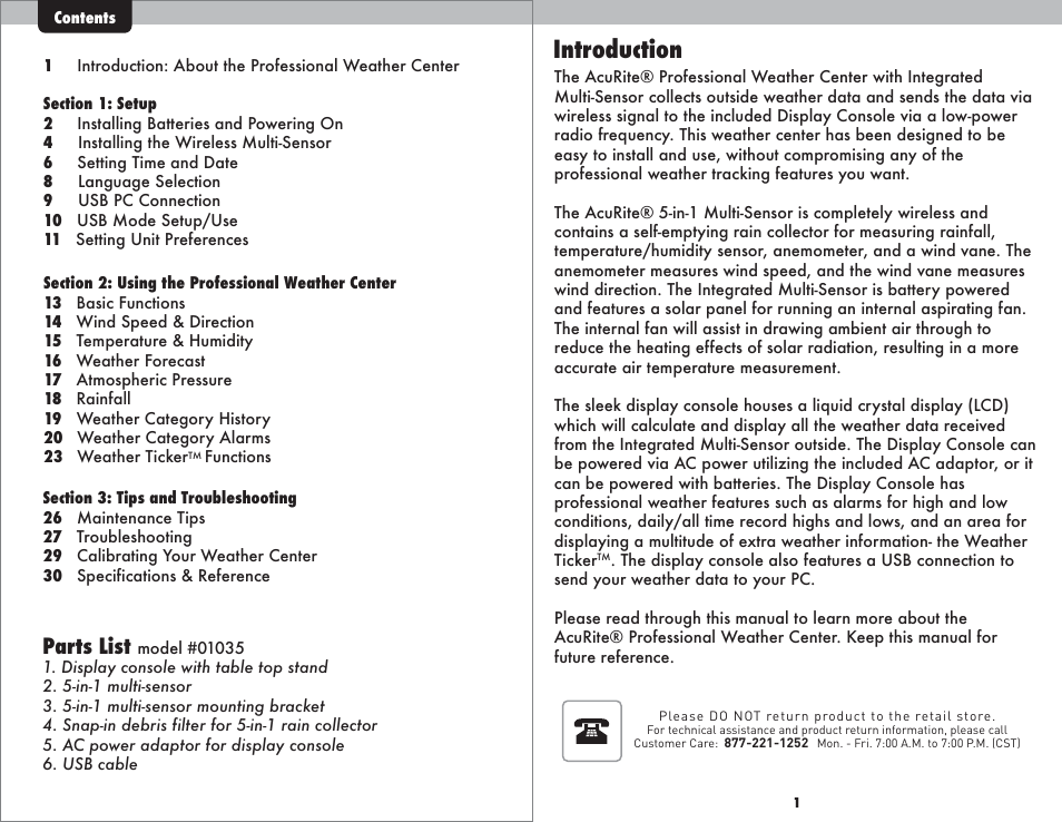 Introduction, Parts list | AcuRite 01035 Weather Station User Manual | Page 2 / 17