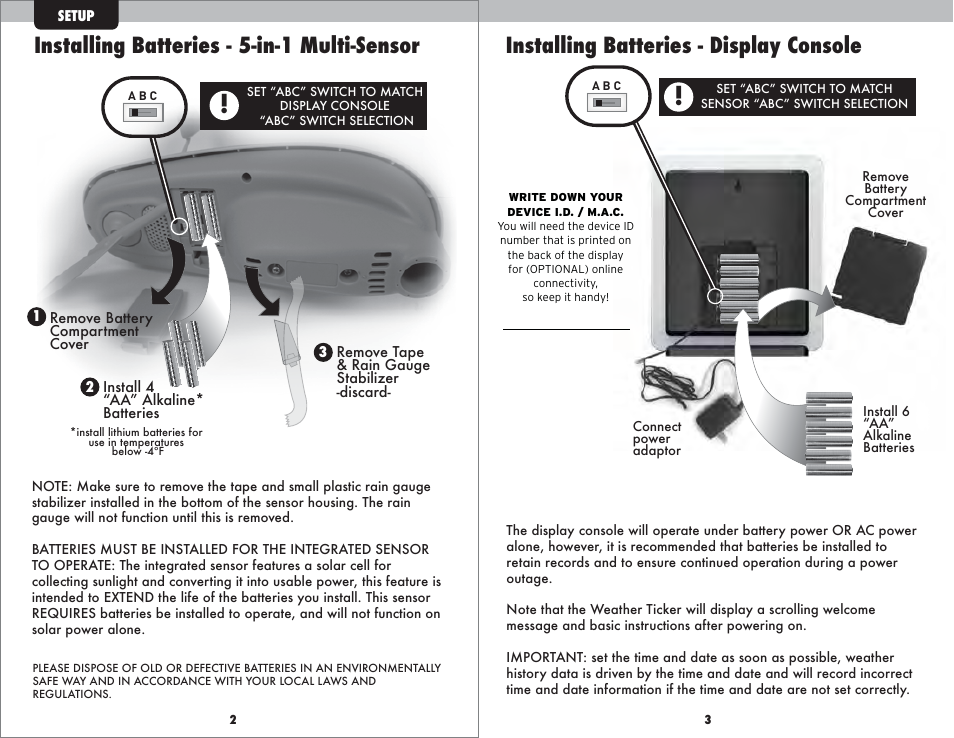 Installing batteries - display console, Installing batteries - 5-in-1 multi-sensor | AcuRite 01035 Weather Station User Manual | Page 3 / 17