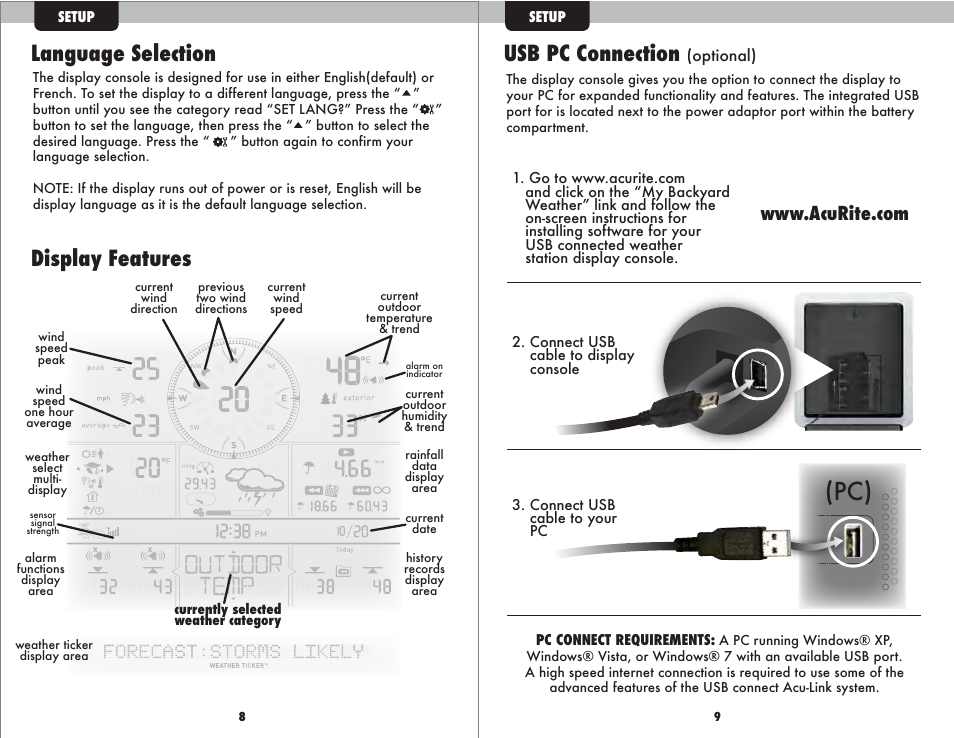 Usb pc connection, Display features language selection | AcuRite 01035 Weather Station User Manual | Page 6 / 17