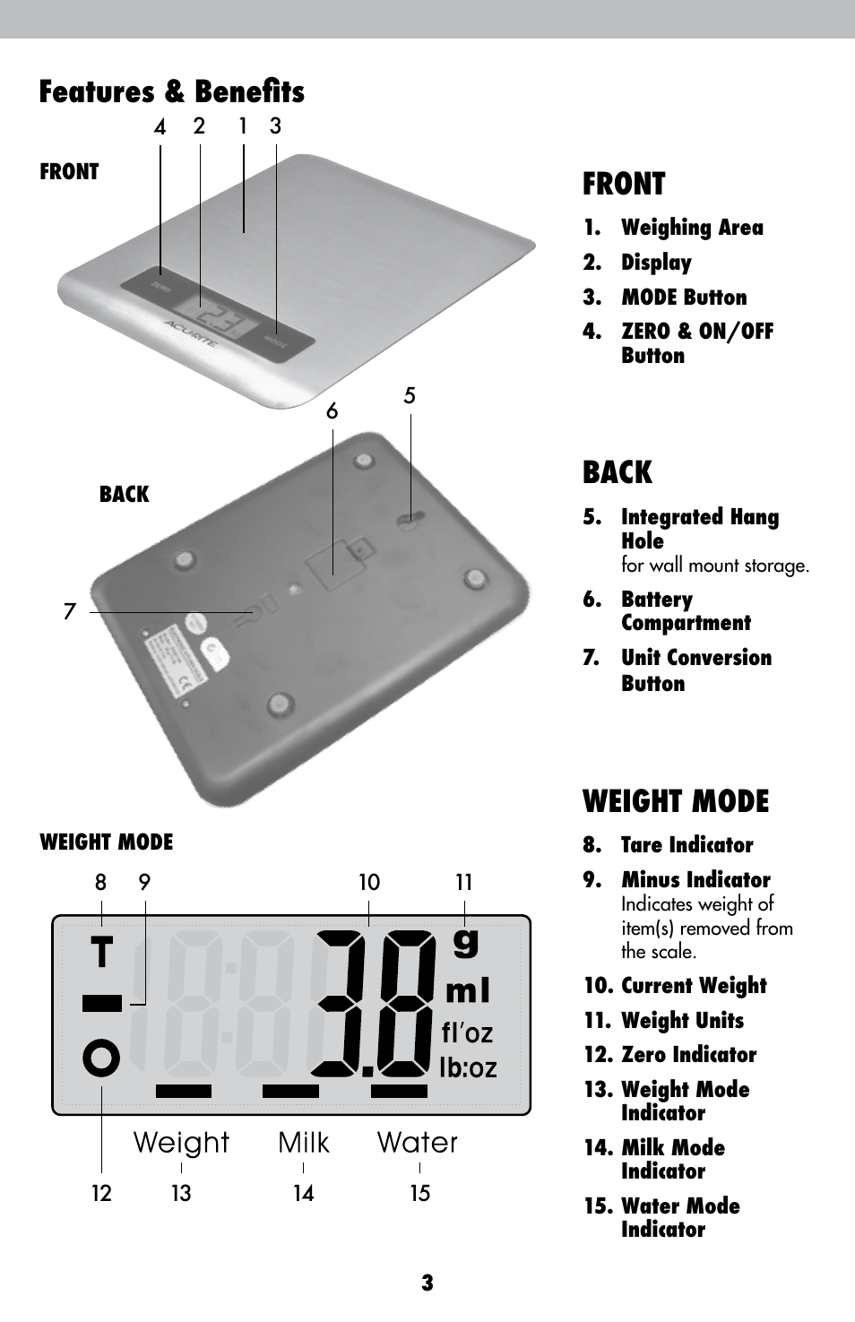 Features & benefits, Front, Back | Weight mode | AcuRite 00939 Scale User Manual | Page 3 / 8