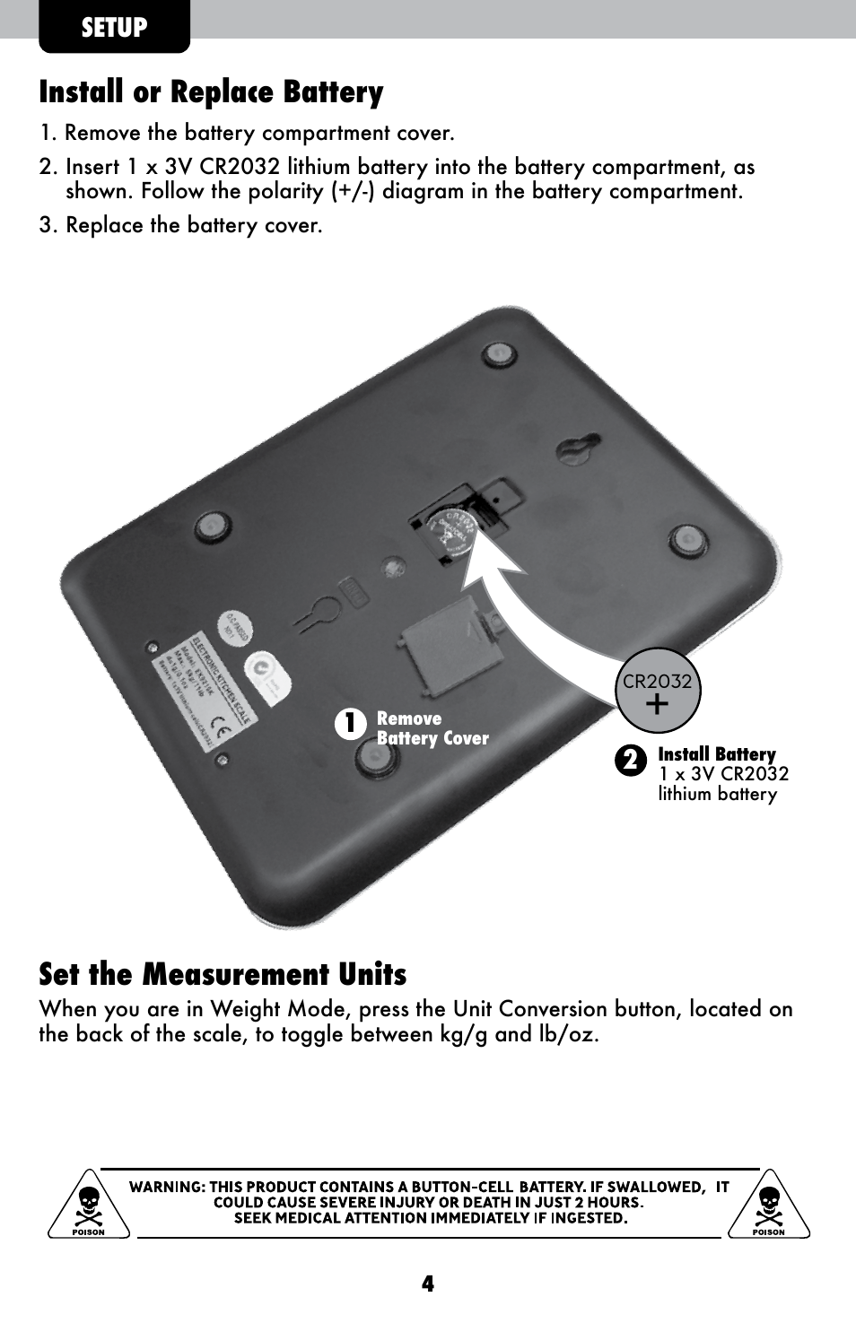 Install or replace battery, Set the measurement units | AcuRite 00939 Scale User Manual | Page 4 / 8