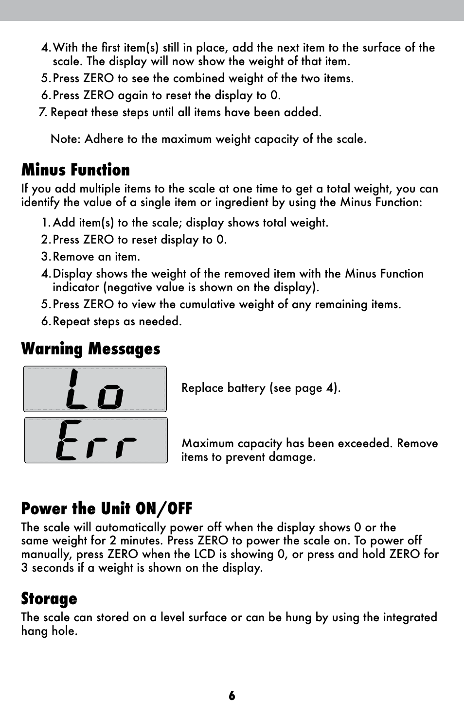 Minus function, Warning messages, Power the unit on/off | Storage | AcuRite 00939 Scale User Manual | Page 6 / 8