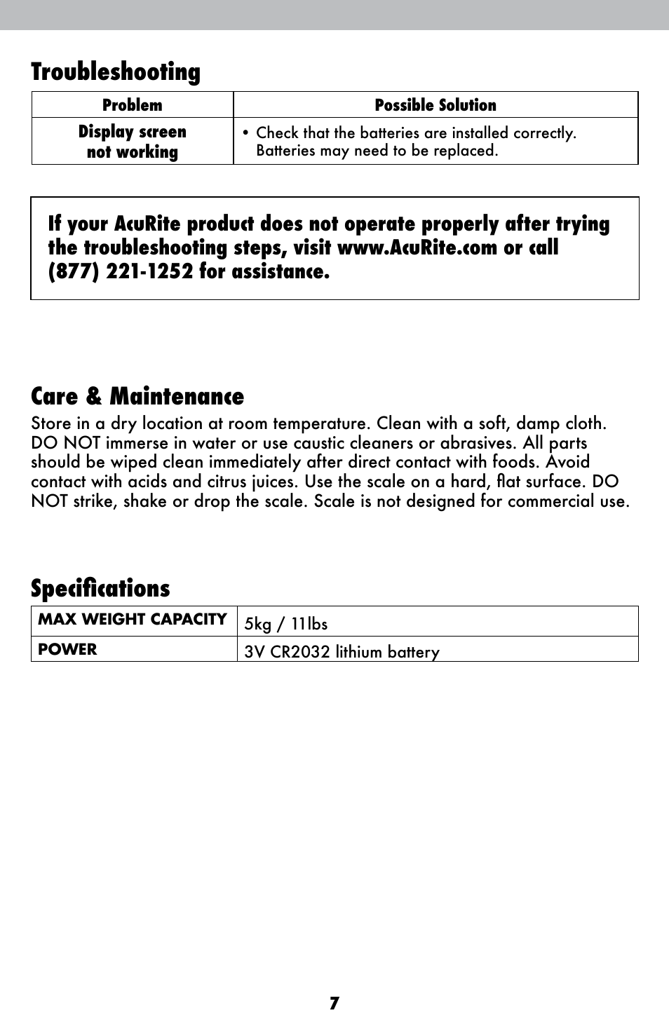 Care & maintenance, Specifications troubleshooting | AcuRite 00939 Scale User Manual | Page 7 / 8