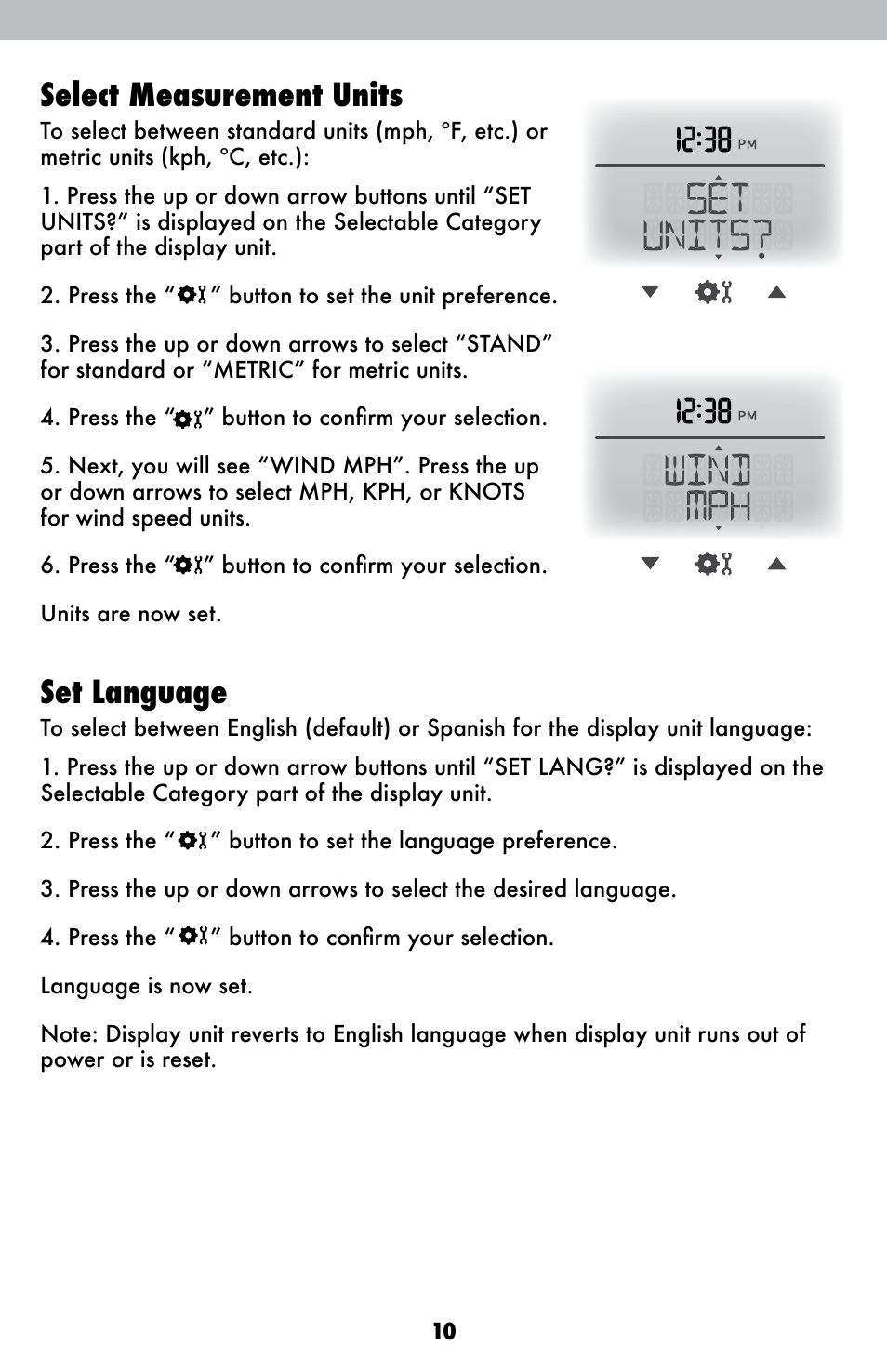 Select measurement units, Set language | AcuRite 01036 Weather Station User Manual | Page 10 / 26