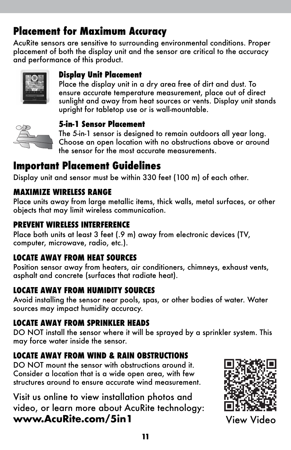 Placement for maximum accuracy, Important placement guidelines | AcuRite 01036 Weather Station User Manual | Page 11 / 26