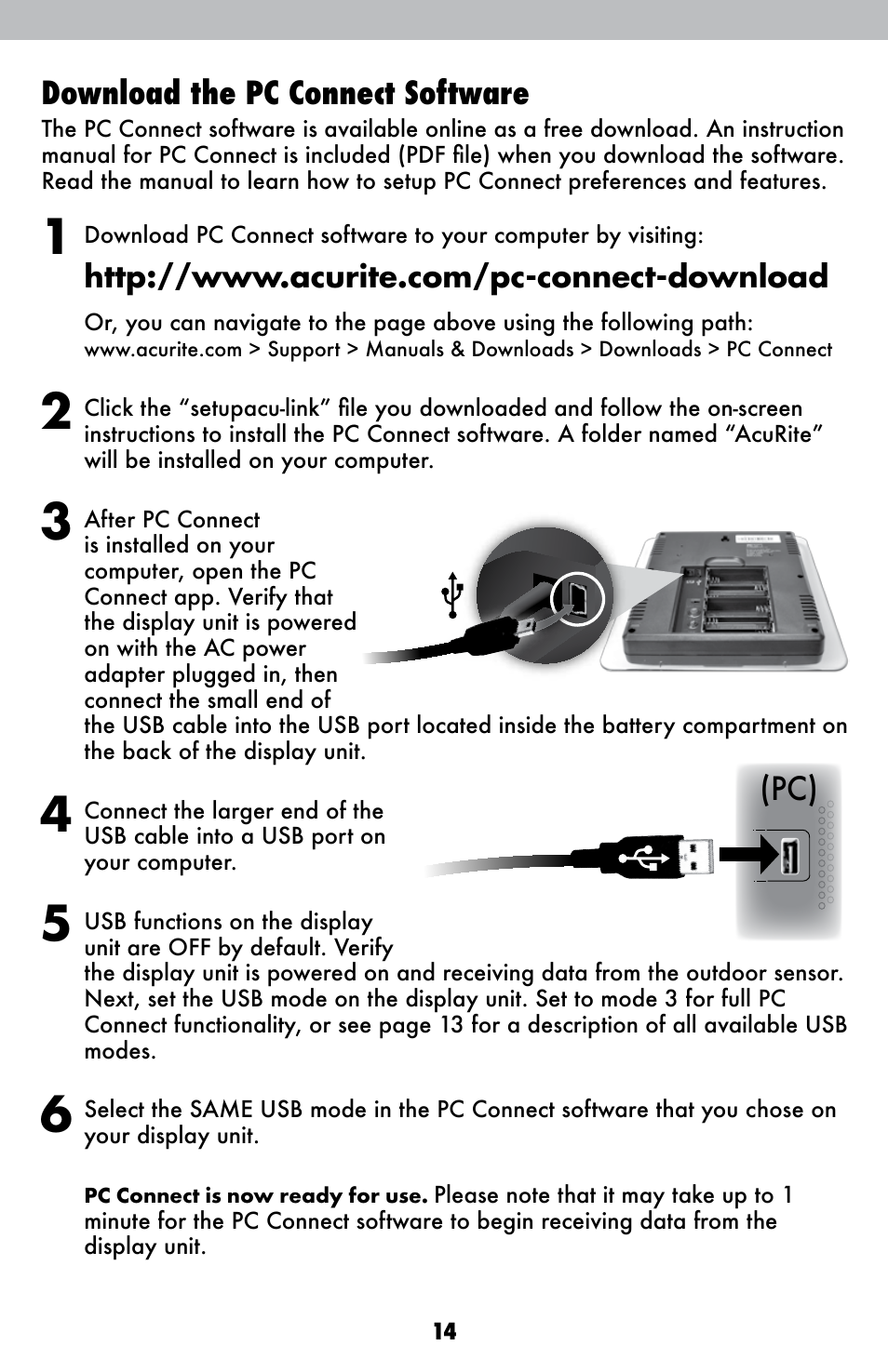 Download the pc connect software | AcuRite 01036 Weather Station User Manual | Page 14 / 26