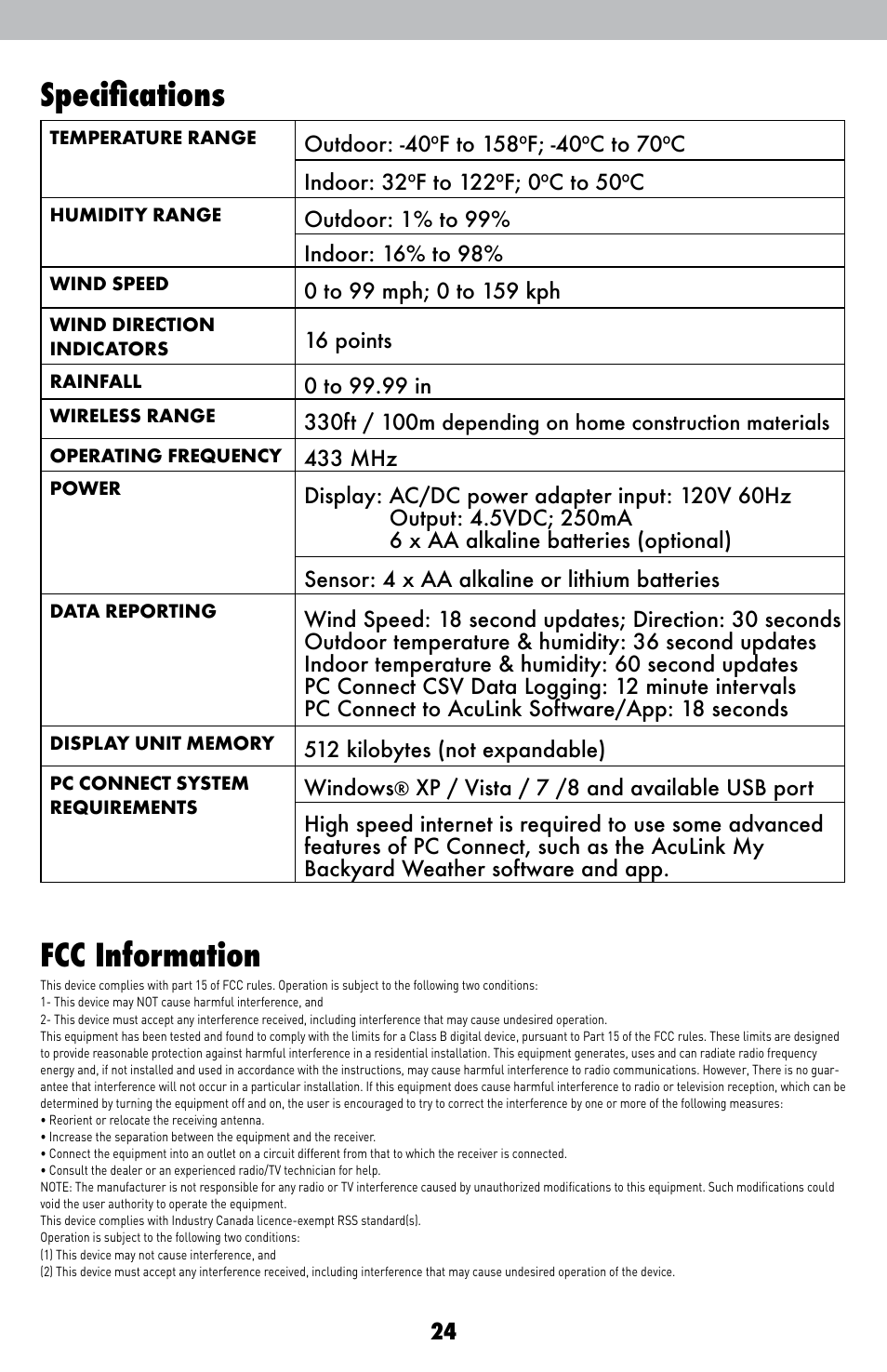 Fcc information, Specifications | AcuRite 01036 Weather Station User Manual | Page 24 / 26