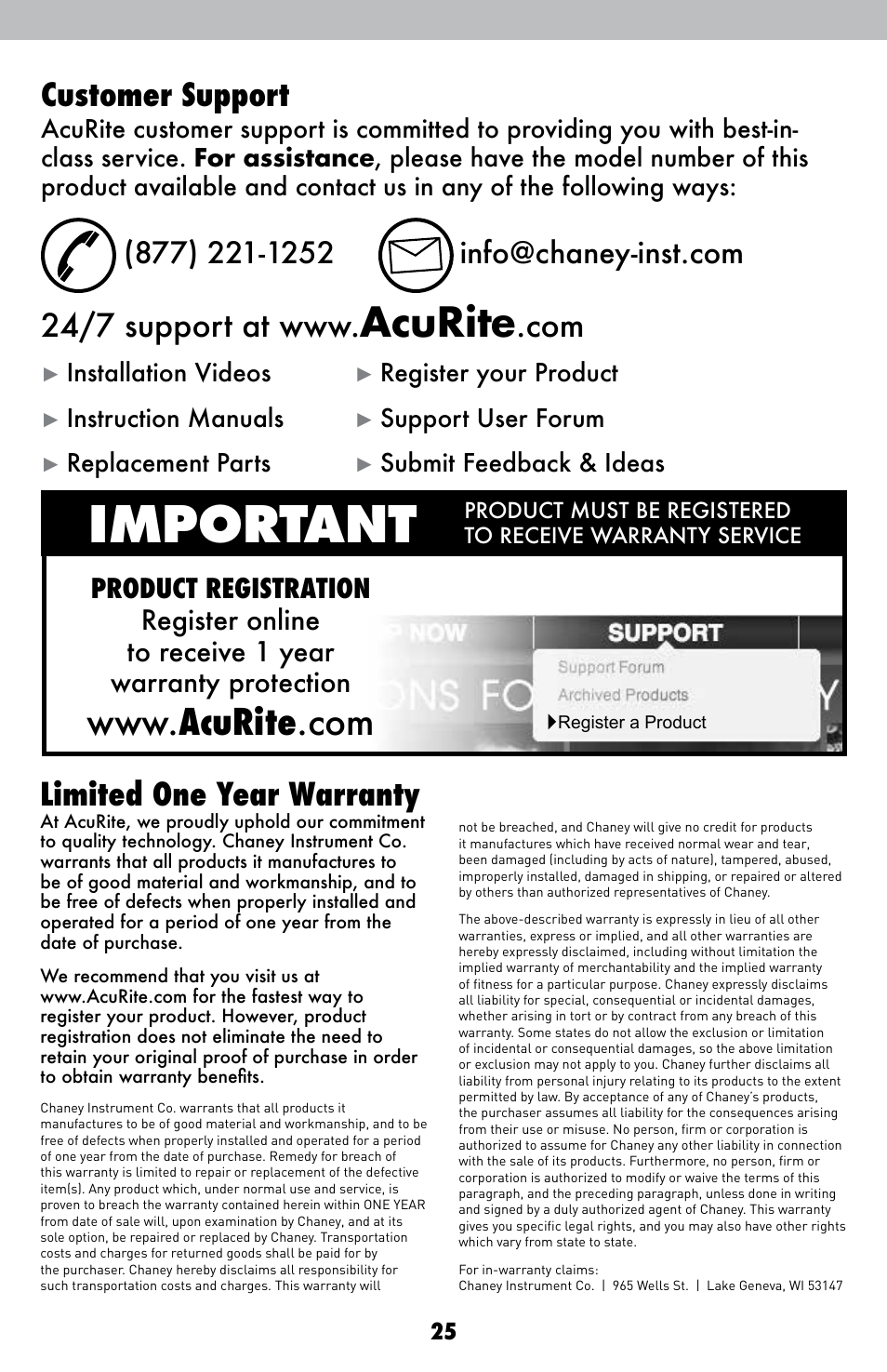 Important, Acurite, Limited one year warranty | Customer support, Installation videos, Register your product, Instruction manuals, Support user forum, Replacement parts, Submit feedback & ideas | AcuRite 01036 Weather Station User Manual | Page 25 / 26