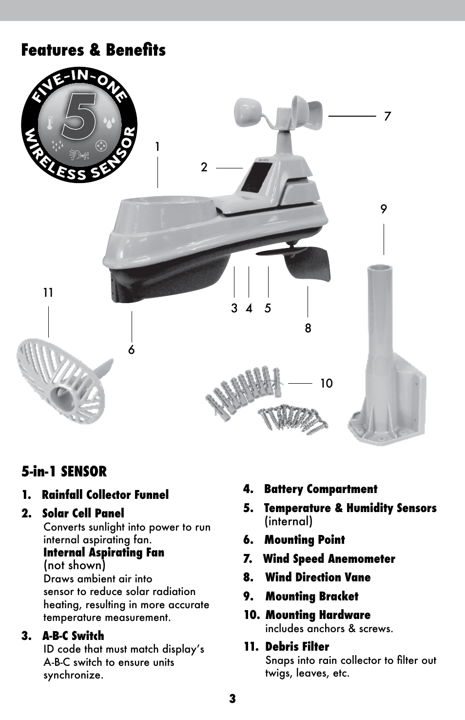 Features & benefits, In-1 sensor | AcuRite 01036 Weather Station User Manual | Page 3 / 26