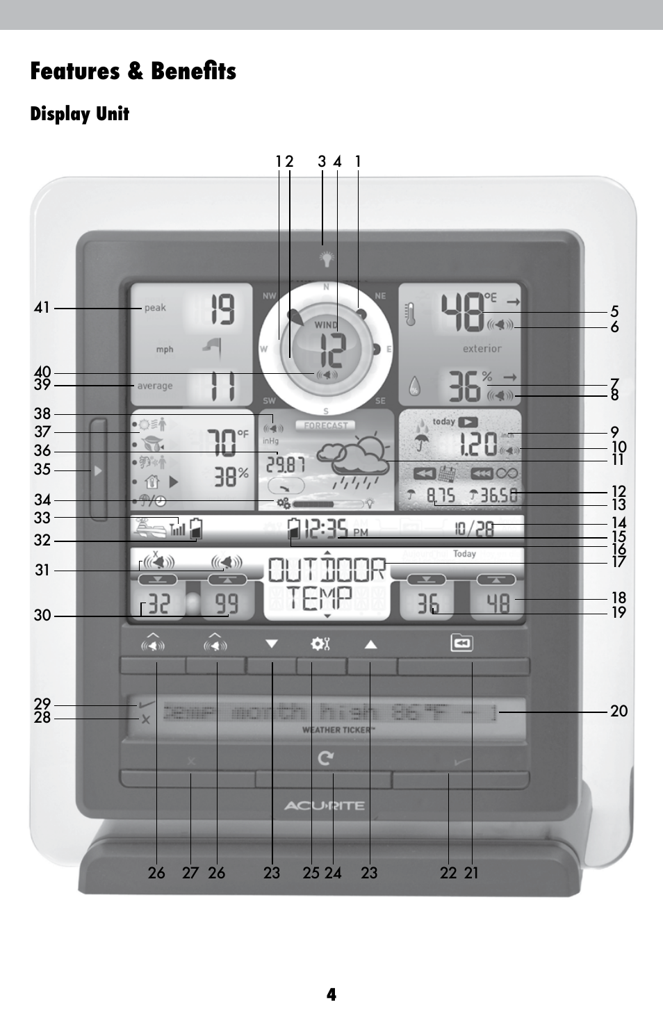 Features & benefits, Display unit | AcuRite 01036 Weather Station User Manual | Page 4 / 26