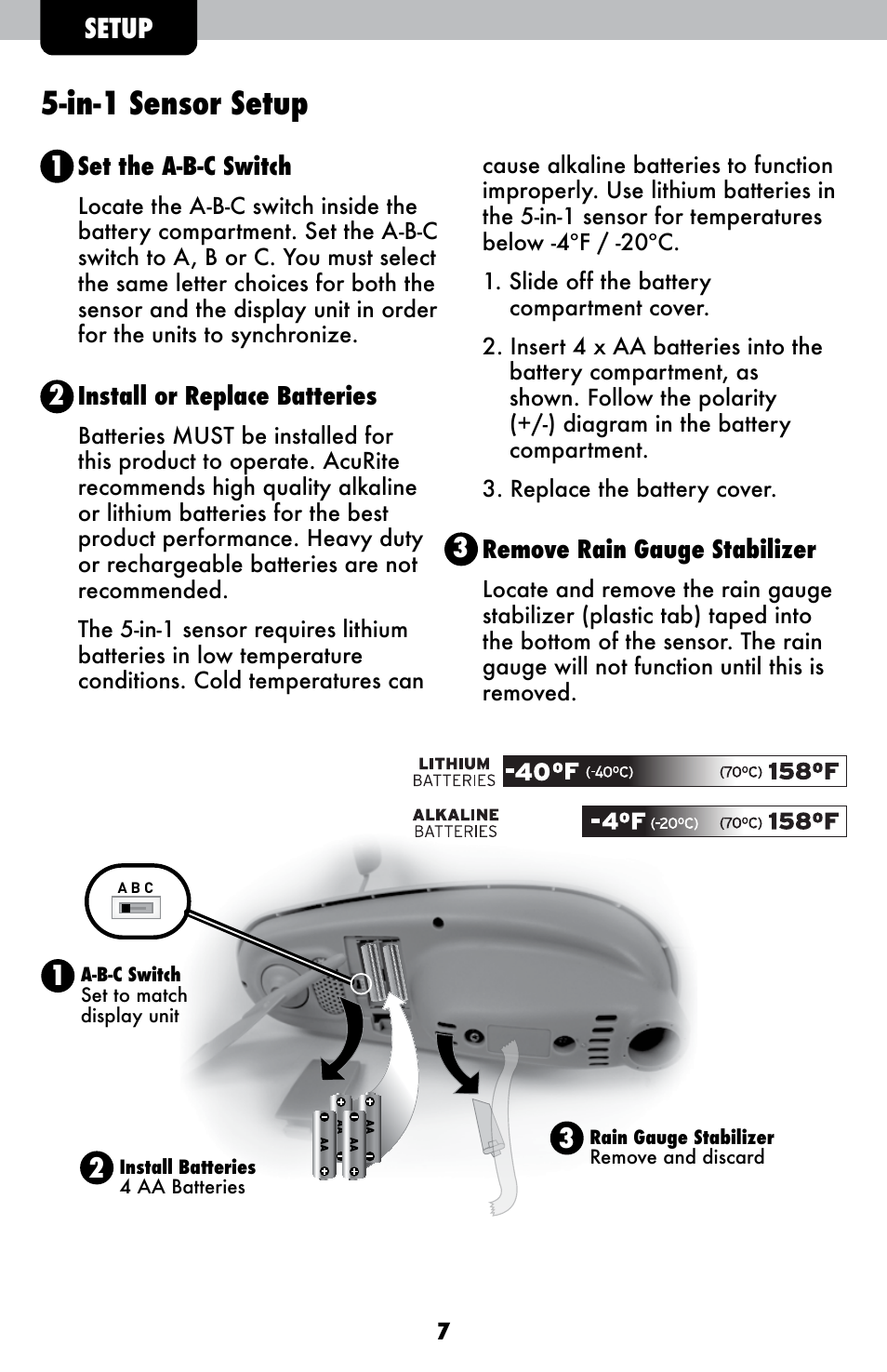 In-1 sensor setup, Setup | AcuRite 01036 Weather Station User Manual | Page 7 / 26