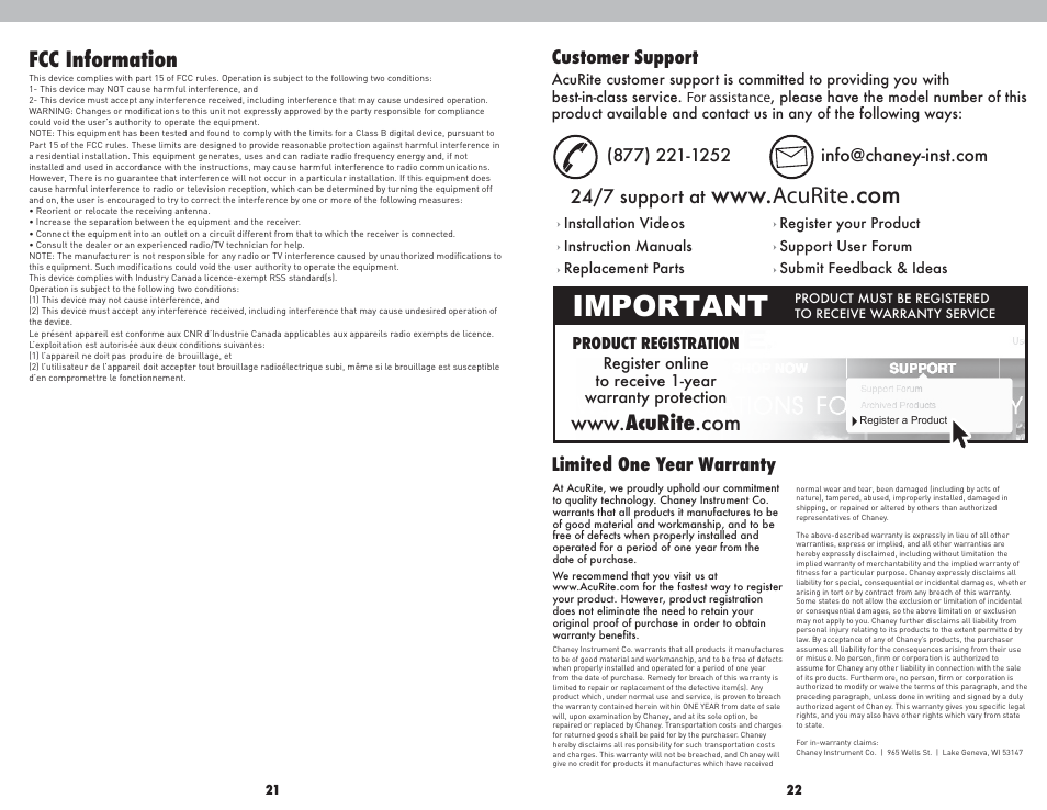 Important, Fcc information, Limited one year warranty customer support | 24/7 support at | AcuRite 01055 AcuLink Weather Station User Manual | Page 12 / 12