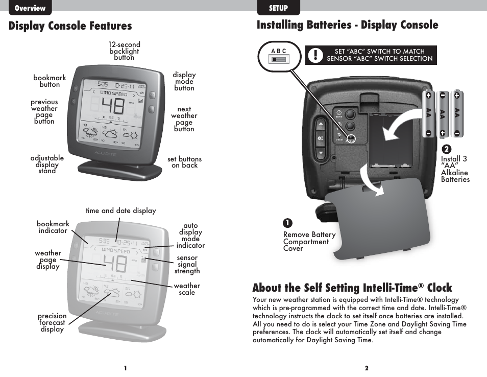 Display console features, Installing batteries - display console, About the self setting intelli-time | Clock | AcuRite 01055 AcuLink Weather Station User Manual | Page 2 / 12