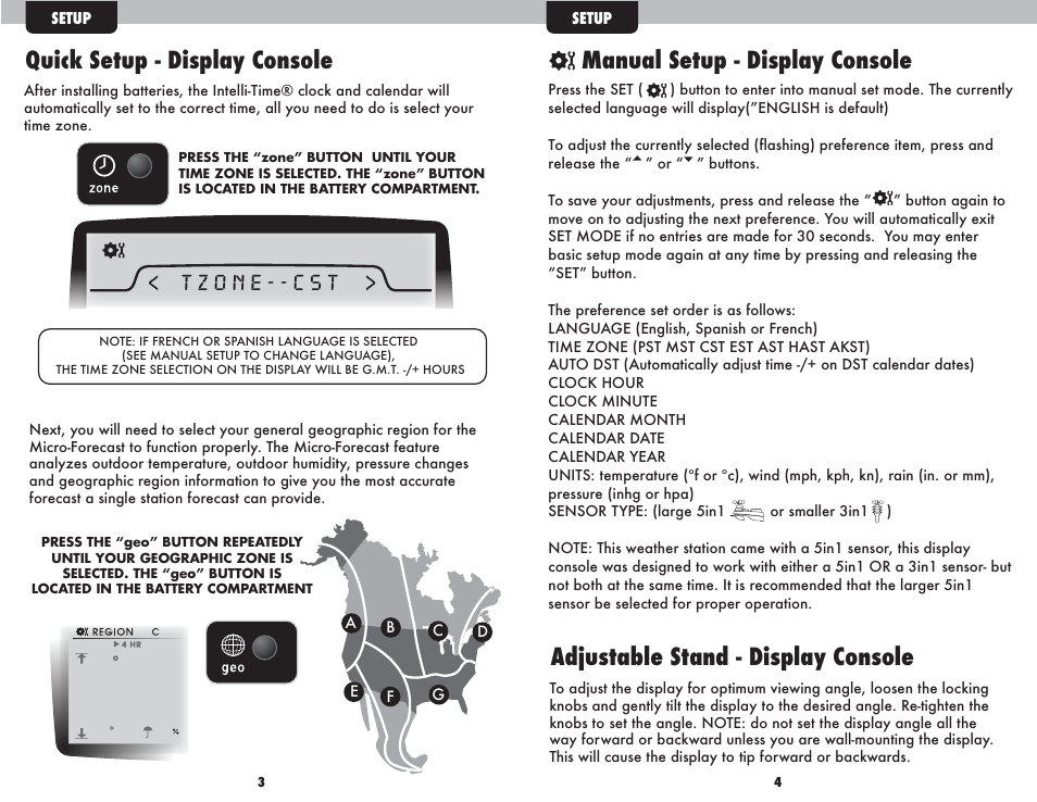 Quick setup - display console, Adjustable stand - display console, Manual setup - display console | AcuRite 01055 AcuLink Weather Station User Manual | Page 3 / 12