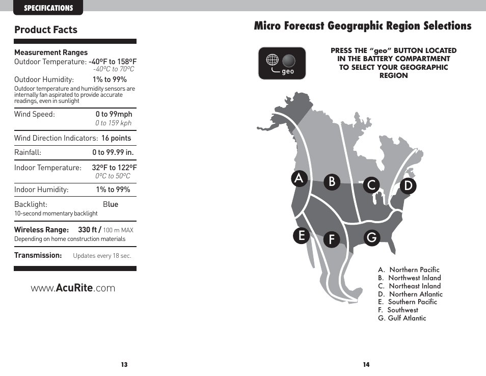 Micro forecast geographic region selections, Product facts | AcuRite 01055 AcuLink Weather Station User Manual | Page 8 / 12