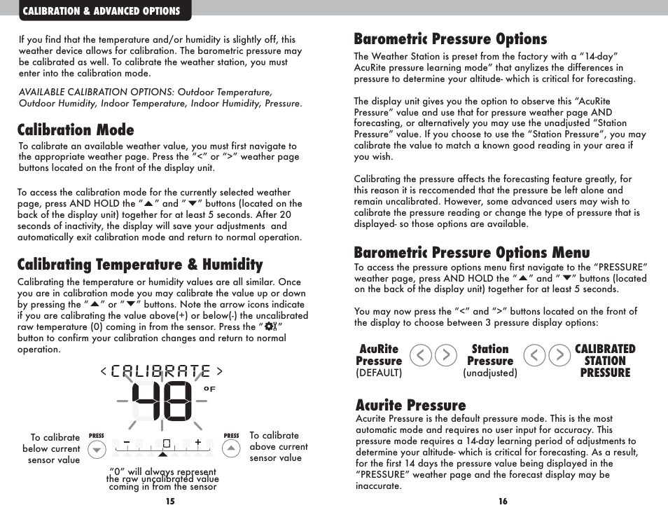 Calibrate, Acurite pressure | AcuRite 01055 AcuLink Weather Station User Manual | Page 9 / 12