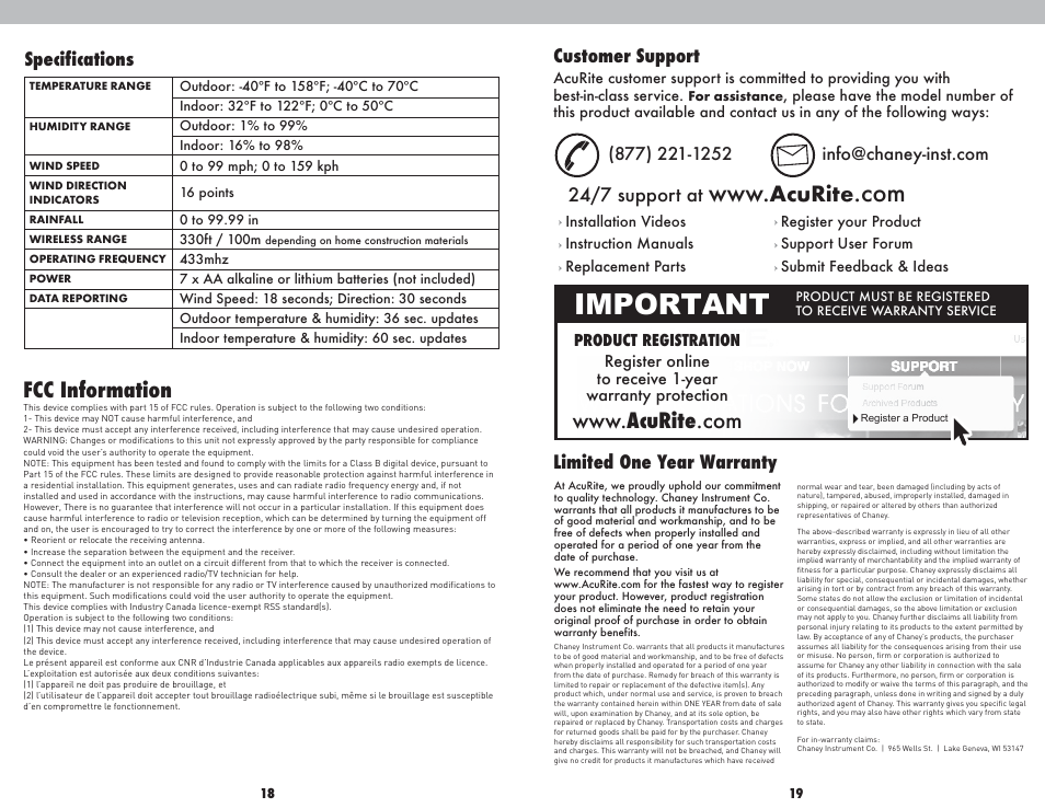 Important, Fcc information, Specifications | Limited one year warranty customer support, 24/7 support at | AcuRite 01502BPDI Weather Station User Manual | Page 10 / 10