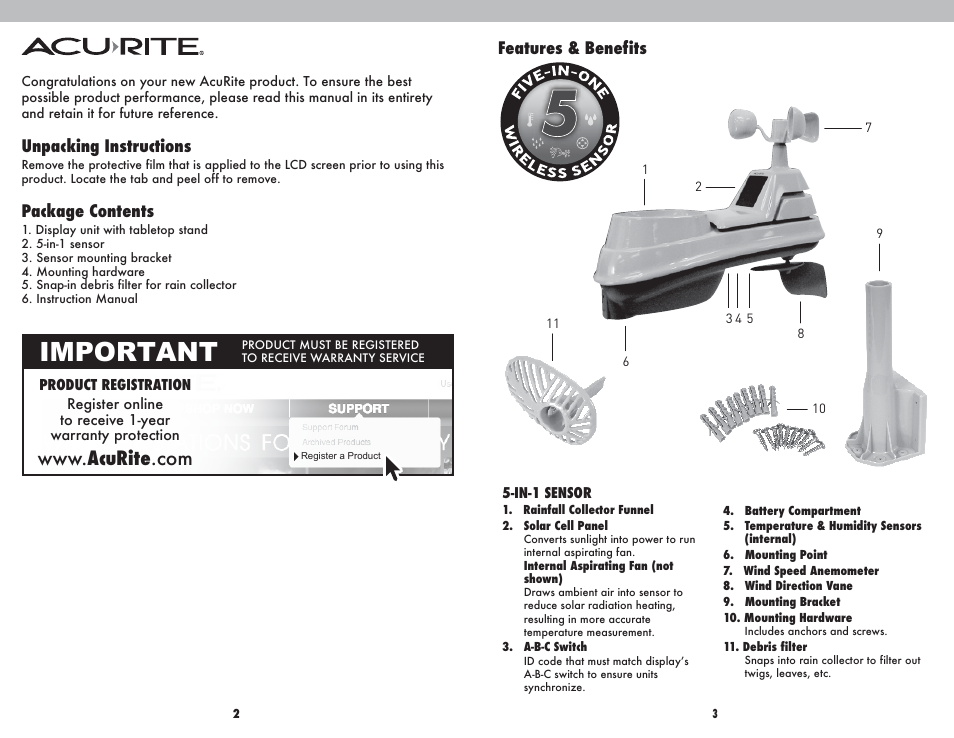 Important, Features & benefits, Unpacking instructions | Package contents | AcuRite 01502BPDI Weather Station User Manual | Page 2 / 10