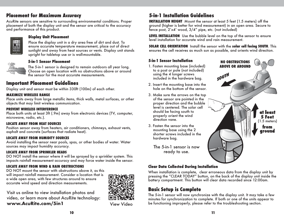 Placement for maximum accuracy, Important placement guidelines, In-1 installation guidelines | Basic setup is complete | AcuRite 01502BPDI Weather Station User Manual | Page 6 / 10