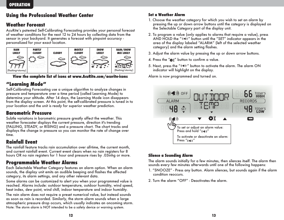 Learning mode, Barometric pressure, Rainfall event | Programmable weather alarms | AcuRite 01502BPDI Weather Station User Manual | Page 7 / 10