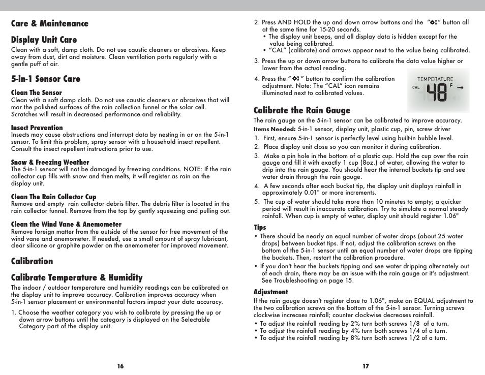 Calibrate the rain gauge, Care & maintenance display unit care, In-1 sensor care | Calibration calibrate temperature & humidity | AcuRite 01502BPDI Weather Station User Manual | Page 9 / 10